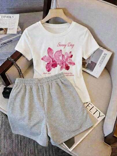 2pcs Conjunto dos piezas de ropa de mujer de verano con diseño de sunny day y shorts de felpa ajustables