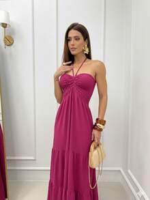 Long Dress With Three Tiers, Elasticated, Multi-Way Detail, Halter Neck, Elegant Boho Style, Gathered Hem With Ruffle, Open Back, Backless, For Weddings. - Hot Pink - View 2
