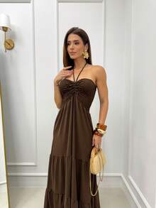 Long Dress With Three Tiers, Elasticated Tie, Strapless, Multi-Way Style, Halter Neck, Boho Style, Gathered Hem With Ruffle, Layered, For Weddings, Parties, Everyday Wear, Elegant. - Rỉ Nâu - Xem 3