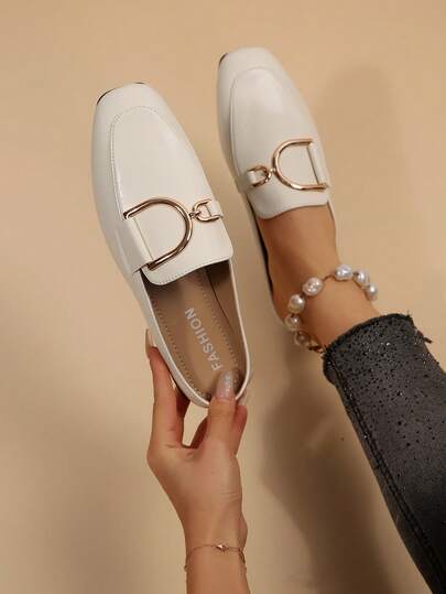 Women's Metal Buckle Decorated Slip-On Shoes, Square Toe Mules, Fashionable Loafers, Suitable For Office Commute And Casual Daily Wear