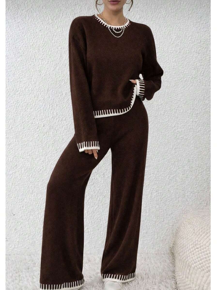 Basic Striped Mousse Women's Knit Set For Autumn/Winter - Rust Brown - View 1