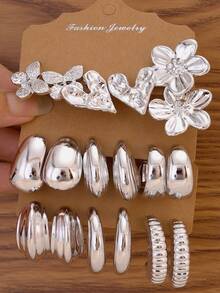 欧美跨境流行珠宝金属几何优雅耳环套装，花朵、心形、C形圈形耳环 - 銀色 - 查看 1