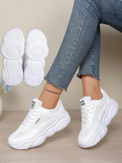 Giày thể thao nữ màu trắng kiểu Anh buộc dây, đế hình gấu trúc, mũi tròn, cổ thấp, đế dày chống trơn trượt, giày casual thời trang thoáng khí, giày chunky dành cho học sinh.
