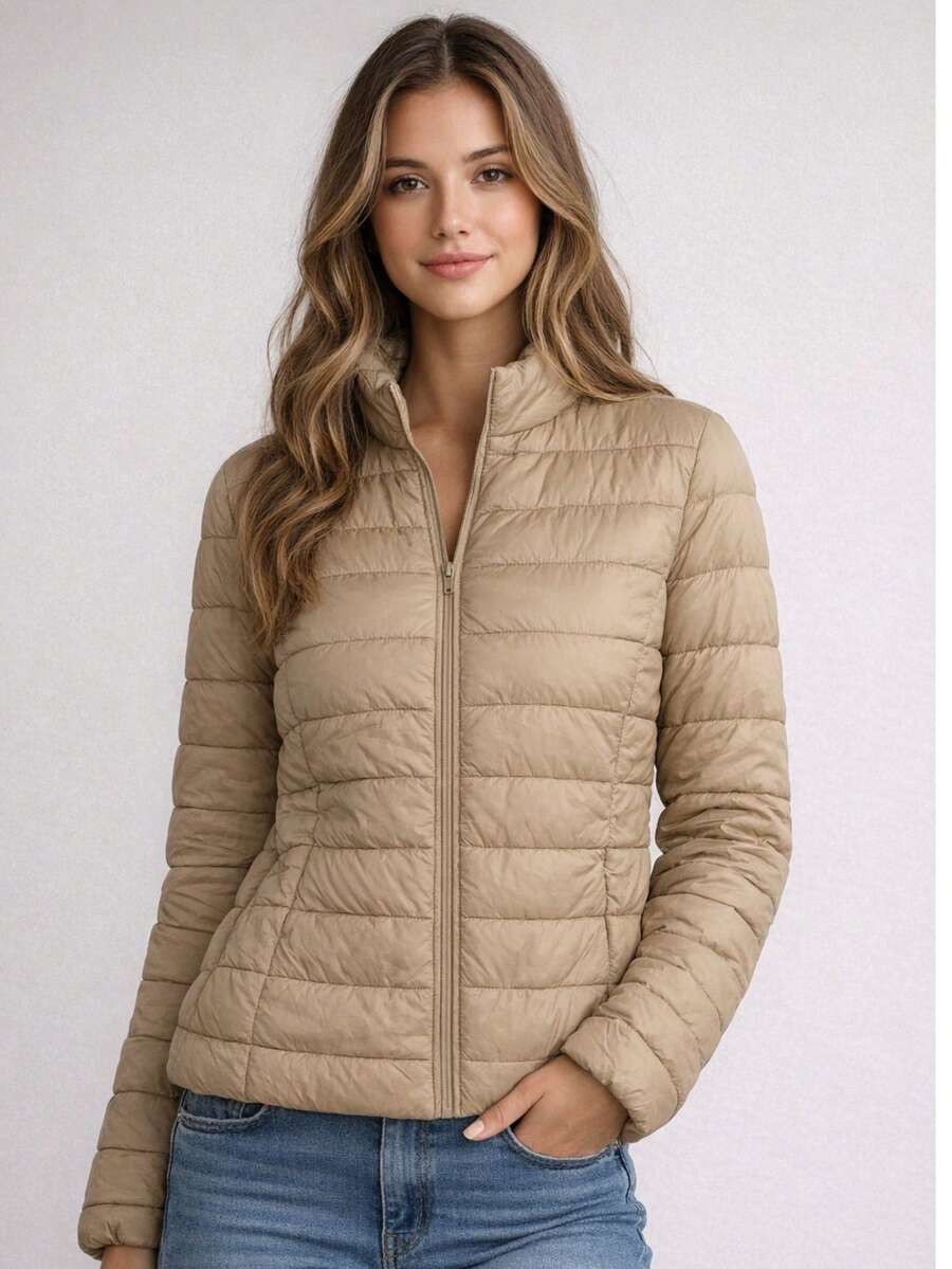 Women's Fleece-Lined Puffer Jacket Without Hood - Champán - Ver 1