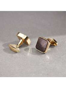 1 Pair Vintage Striped Gold-Plated Cufflinks, Fashion Accessory For Men Suits & Shirts - Rust Brown - View 4