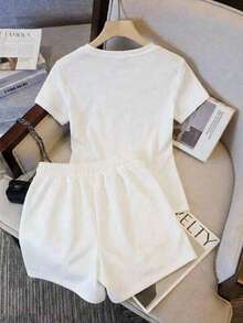 2 piezas Conjunto playera y short estampado FLORES DE JARDIN Estilo Urbano y Comodidad casual diario comodo - Blanco - Ver 3