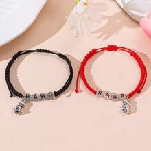 2pcs Retro Zinc Alloy Glow-In-The-Dark Dinosaur Pendant & Acrylic Letter Braided Friendship Bracelet, Suitable For Couples - Dinosaur - View 6