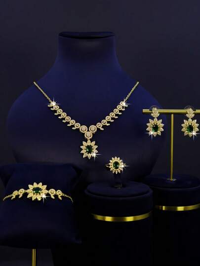 5pcs 18K Gold Plated Geometric Design Bridal Wedding Jewelry Set, Handset Green Cubic Zirconia, Including Necklace, Bracelet, Earrings, Ring, Suitable For Daily, Wedding, Party Wear, Wedding Anniversary Gift