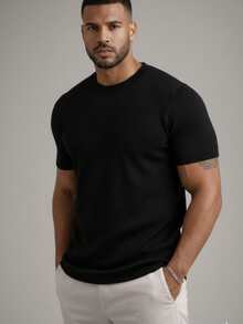 Men's Textured Short-Sleeved Knit T-Shirt With Crew Neck, Summer Chic Premium Style. - 黑色 - 查看 5