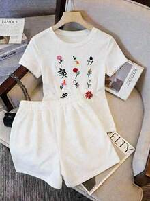 2 piezas Conjunto playera y short estampado FLORES DE JARDIN Estilo Urbano y Comodidad casual diario comodo - Blanco - Ver 1
