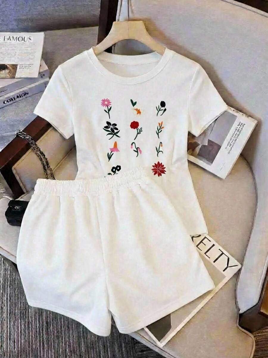 2 piezas Conjunto playera y short estampado FLORES DE JARDIN Estilo Urbano y Comodidad casual diario comodo - Blanco - Ver 1
