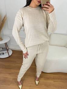 Women's Ribbed Knit Set: Mullet Blouse With Long Sleeves, Sweatshirt Set, Sweater, And Jogger Pants With Drawstring Cuffs - Winter Look - 沙丘 - 查看 5