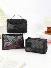 3pcs Women's Travel Makeup Bag Set. Classic Polka Dot Mesh Multi-Piece Multifunctional Handheld Makeup Organizer Bag, Large Capacity Travel Essential - Multicolor - View 4