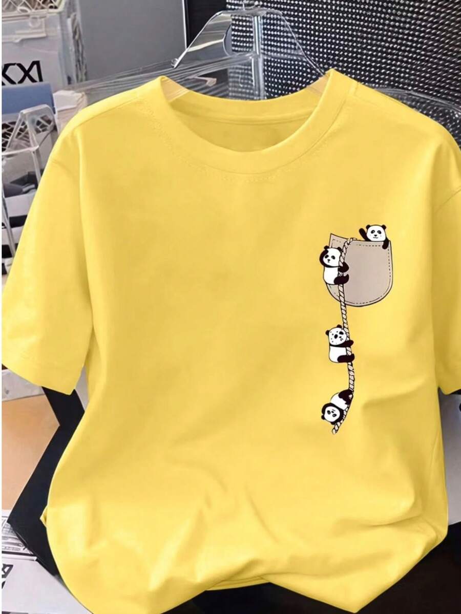 Women's Printed T-Shirt With Pandas In The Pocket, 100% Cotton, Short Sleeve, Round Neck, Modern And Casual Style. - Yellow - View 1