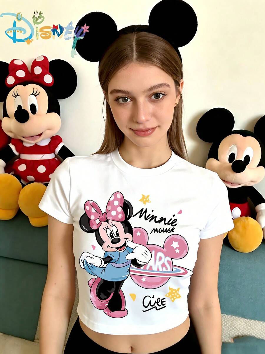 Disney Women's Sexy Short-Sleeved Round-Neck Polyester T-Shirt, Printed With  Pattern From - 白色 - 查看 1