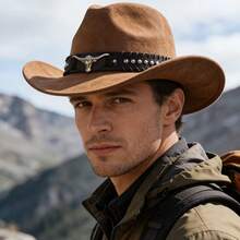 Sombrero vaquero clásico de ala ancha, con correa de hebilla ajustable y remaches marrones, adecuado para fiestas vaqueras, rodeos y festivales de música. - Multicolor - Ver 5