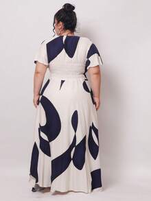 Vestido LONGO MILY  Plus Size Feminino Visco Linho Sarjado Decote Redondo Manga Curta Elegante - Azul Marinho - Visão 7