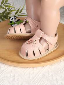 1 Pair Girls Fashion Embroidered Flower Hook-And-Loop Non-Slip Design Infant Toddler Sandals, Summer Spring Autumn - Pink - View 5