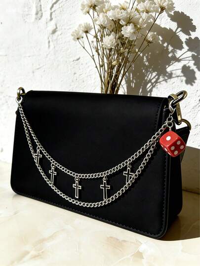 1pc Sweet & Cool Cross & Red Dice Detachable Chain, Bag Accessory - Cross, Dice, Punk, Goth, Y2K, Streetwear Style, Silver Accessory, Bag Chain, Strap, Bag Decor, Personalized Gift, Birthday Gift, St. Patrick's Day Gift