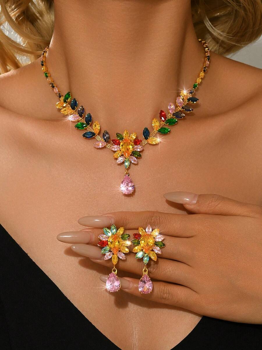 1 Set de Collar y Aretes de Mujer con Flor, Joyería de Cobre y Circonita - Color 8557-3 - Ver 1