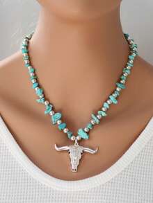 Bohemian Style Turquoise Rhinestone Bull Head Pendant Necklace - Turquoise - View 3