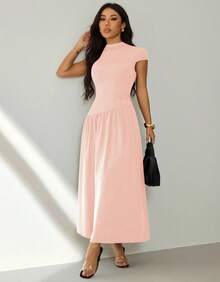 Women's Long Dress With High Neck, Short Sleeves, Loose Fit, Evangelical/Formal Fashion - Màu Hồng baby - Xem 3