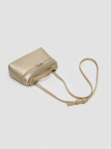 1 pieza Bolso de hombro cuadrado de unicolor con textura de grano de litchi en PU, bolso de mano pequeño para mujer, adecuado para combinar con diaria, salidas, compras, fiestas, - Dorado 2 - Ver 9