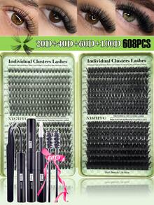 640/608/576/384簇假睫毛，超浓密睫毛套装，10-16mm混合密度睫毛工具套装，全新10-16mm猫眼D卷蓬松假睫毛，DIY自然妆容睫毛嫁接套装，超柔软轻盈睫毛嫁接套装，睫毛胶水套装，适合日常使用、婚礼、约会、派对、音乐节、万圣节等场合，簇状睫毛，单根睫毛，专业假睫毛化妆 - 黑色 - 查看 3