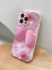 Cute Plush Pink Heart Pattern 2D Thick Anti-Drop Phone Protective Case, Comes With White Faux Pearl Bow Lanyard, Suitable For Self-Use Or Gift, Compatible With IPhone11/12/13/14/15 Pro Max, Galaxy A04/A05/A13/A14/A15/A24/A25/A35/A54/A55/S23/S24 - White - View 5