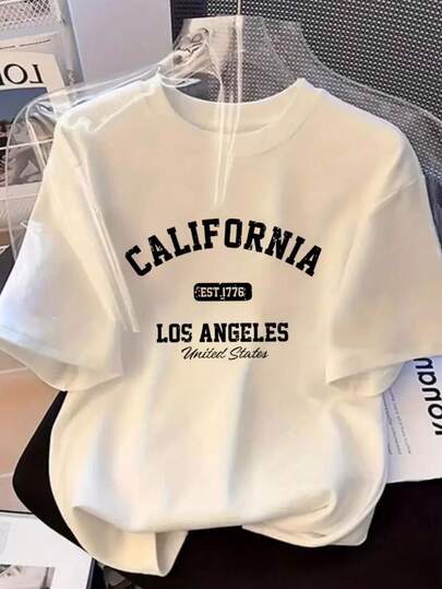 Camiseta T-Shirt Feminina California Los Angeles Estilosa Confortável  100% Algodão Blusa Manga Curta Gola Redonda Estilo Primavera Verão