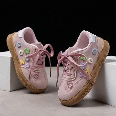 4-Season Kids Dopamine Flower Decor Pink Sneakers, Toddlers' Breathable Soft-Sole Lightweight Casual Shoes, Girls' Versatile, Fashionable & Comfortable Flat Shoes, Infant Training & First Walking Shoes