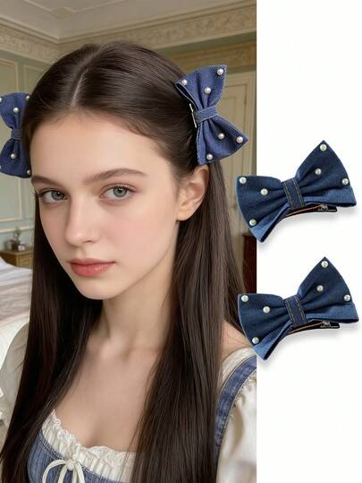 2个装女士甜美可爱牛仔蓝蝴蝶结发夹，饰有珍珠，适合日常、派对、造型、ins田园风，时尚发饰