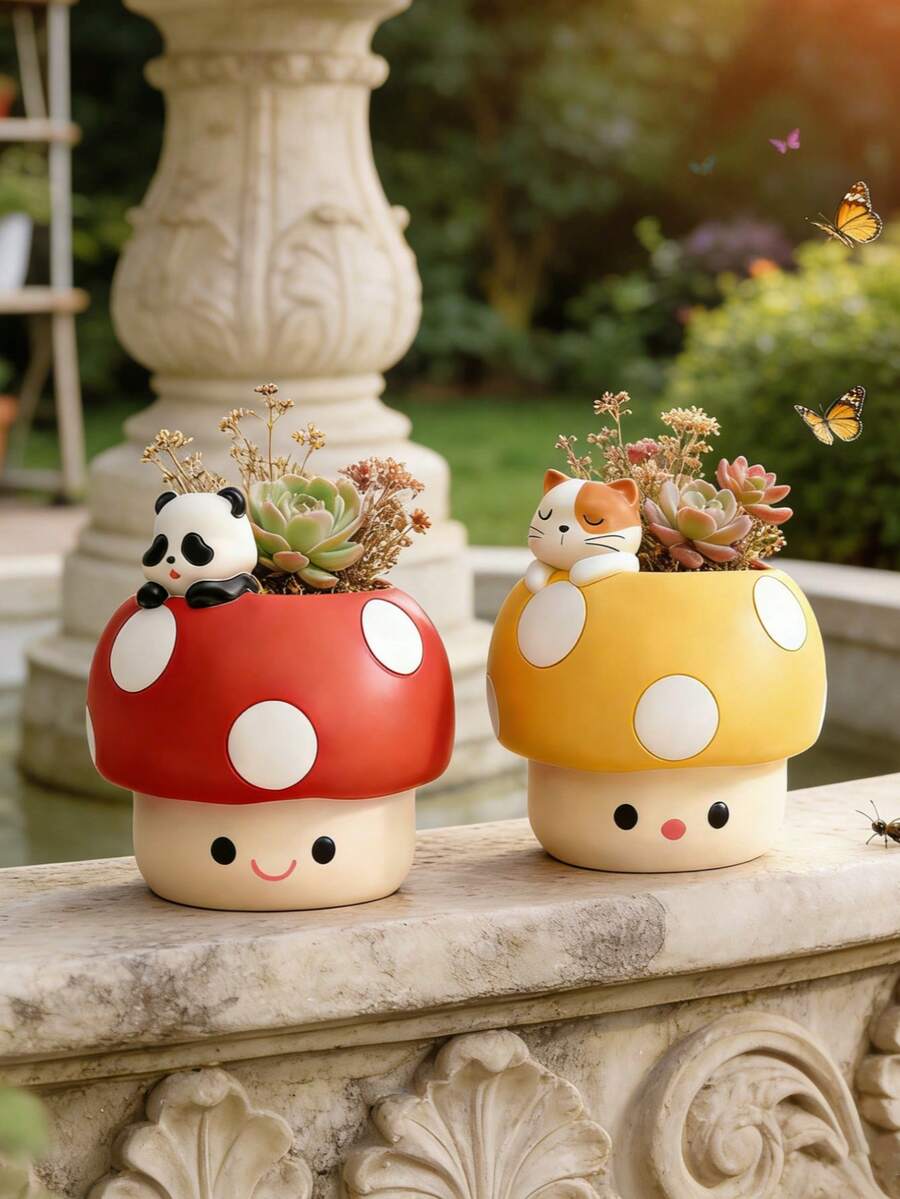 1个可爱蘑菇造型多肉植物花盆，卡通树脂坐姿雕塑花盆，带排水孔，适合小型植物和多肉植物，耐候性强，室内外花园装饰，送给植物和园艺爱好者的精美礼物