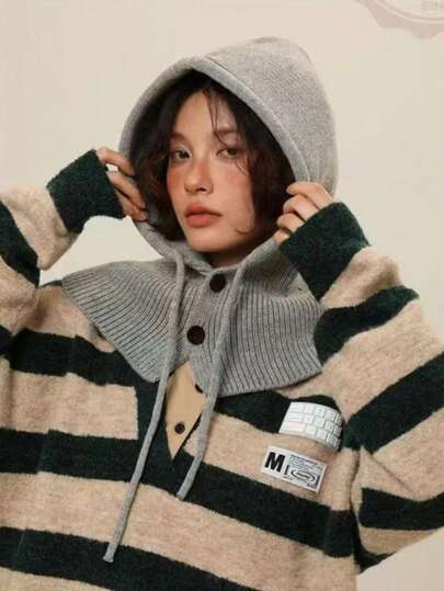 1pc Solid Color Casual Polyester Knitted Hat, Warm Elastic Soft Ear Protection Ski Balaclava Hat, Suitable For All Seasons