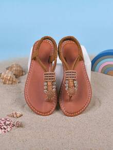 2026 Summer Girls' Flat Sandals With Adjustable Toe And Heel Straps, Fashion Kids Sandals With Rhinestone Elastic Bands, Girls' Slip-On Beach Shoes, Bohemian Style, Suitable For Summer Wear - Brown - View 3