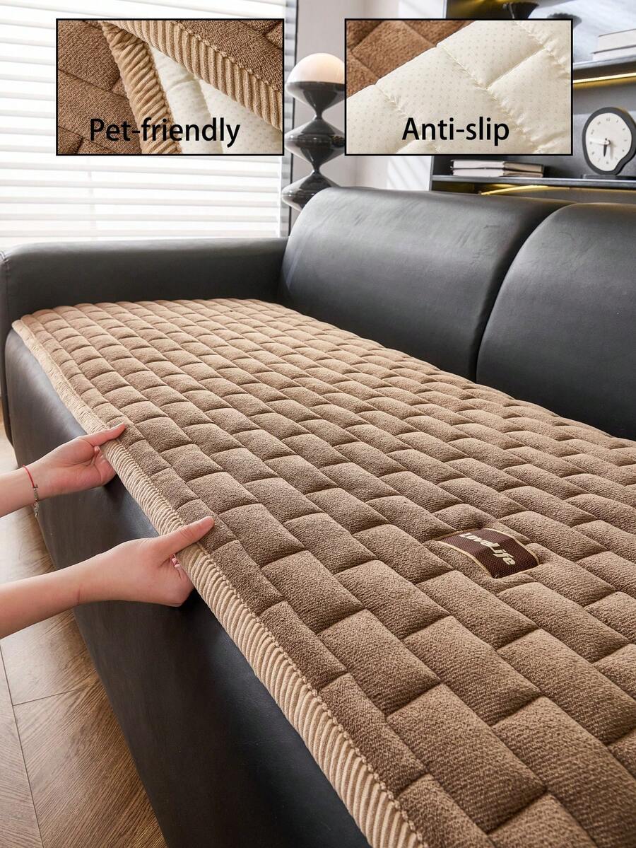 1pc Modern Minimalist Plush Sofa Cover, Fashionable Geometric Pattern Design Sofa Slipcover, Anti-Slip, Anti-Scratch, Dust-Proof, Dirt-Resistant, Pet-Friendly Sofa Pad, Suitable For 1, 2, 3, 4 Seater And L-Shaped Sofa, Applicable For All Seasons, Machine/Hand/Dry Washable, Holiday Decor - Brown - View 1