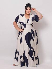 Vestido LONGO MILY  Plus Size Feminino Visco Linho Sarjado Decote Redondo Manga Curta Elegante - Azul Marinho - Visão 2