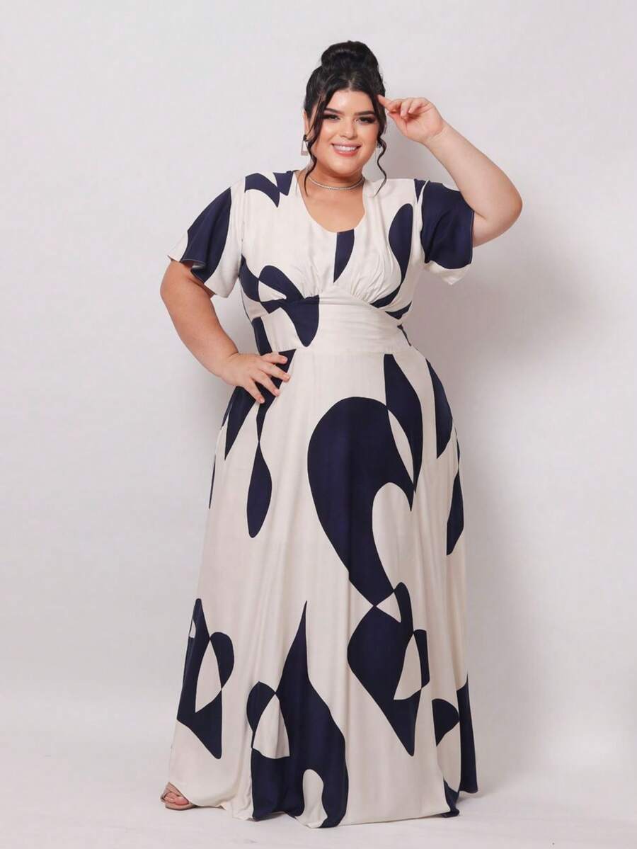Vestido LONGO MILY  Plus Size Feminino Visco Linho Sarjado Decote Redondo Manga Curta Elegante
