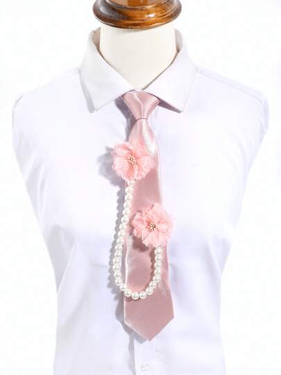 1pc Women's Fashion Pink Floral Pearl Chain Decor Cute JK Style Tie, Suitable For Party, School, Date, Shirt, Daily Wear, Stage Performance