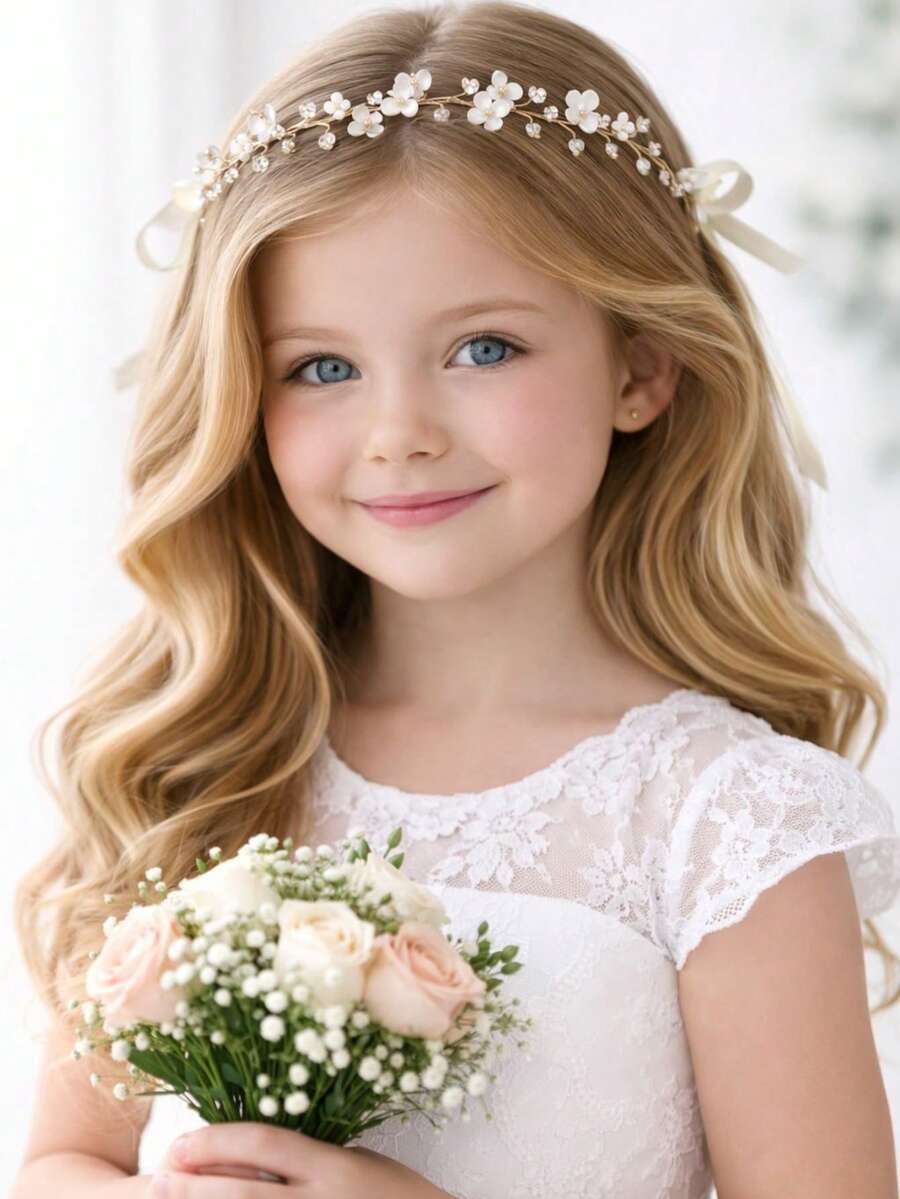 Christening Tiara, Flower Girl Hair Arrangement, Bridesmaid Headpiece With Minimalist Pearly Flowers, Luxury Children's Hair Accessory With Flexible Gold Wire. - 彩色 - 查看 1