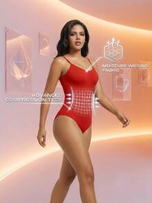 1 pieza Body sin mangas con cuello en V para mujer, control de abdomen y levantamiento de glúteos, alta elasticidad - Rojo - Ver 9