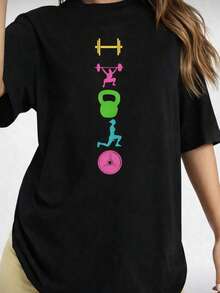 Women's Gym T-Shirt, Round Neck, Short Sleeve, Cotton - 黑色 - 查看 1