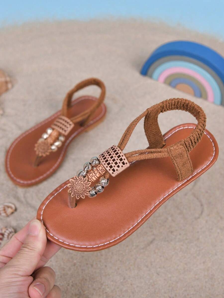 2026 Summer Girls' Flat Sandals With Adjustable Toe And Heel Straps, Fashion Kids Sandals With Rhinestone Elastic Bands, Girls' Slip-On Beach Shoes, Bohemian Style, Suitable For Summer Wear - Brown - View 1