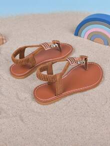 2026 Summer Girls' Flat Sandals With Adjustable Toe And Heel Straps, Fashion Kids Sandals With Rhinestone Elastic Bands, Girls' Slip-On Beach Shoes, Bohemian Style, Suitable For Summer Wear - Brown - View 8