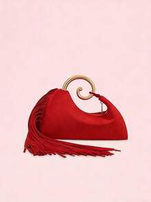 一款时尚的酒红色天鹅绒流苏手提包，配有金色螺旋钩，非常适合参加晚宴和社交场合。 - 紅色 - 查看 3