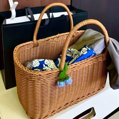 1个小/大号藤编外观储物篮，花篮购物篮，藤编外观手提篮，储物箱，露营户外储物篮，便携式藤编外观储物篮购物篮，复古储物篮 - 手提篮，手工编织藤编外观购物篮，置物篮