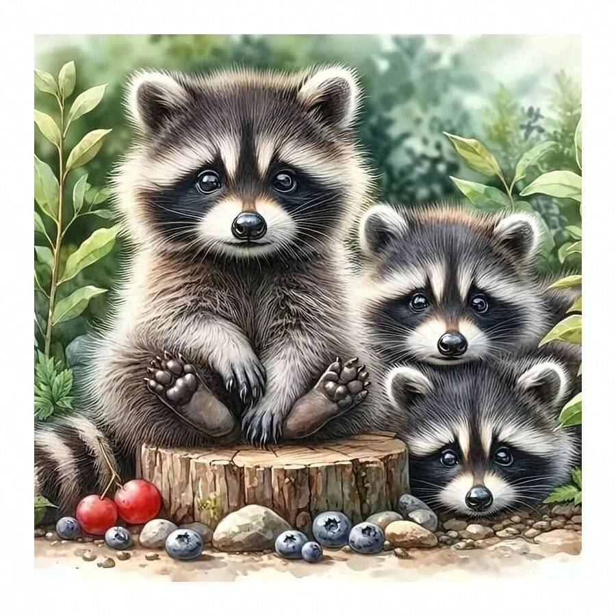 Diy Raccoon Family 5d Diamond Painting Kit For Adults Beginners Round Drill Gem Art Home Decor 13 7x13 7 Inch - CK 64 1 - View 1