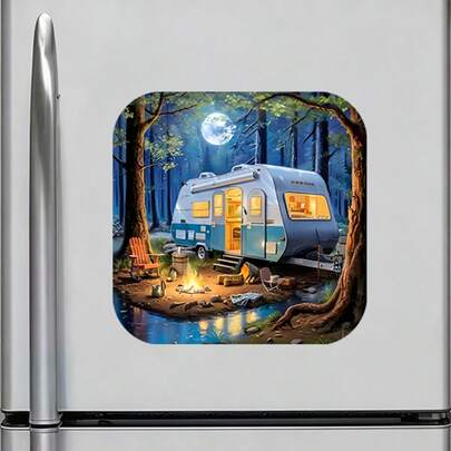 月光森林中的复古露营车冰箱贴：蓝白相间的房车停在森林溪流旁，柔和圆角方形相框装裱的露营场景，自然逃离主题冰箱贴