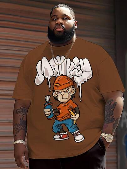 Plus Size Brown Base Graffiti Monkey T-Shirt | American Street Funny Cartoon "MONKEY" Slogan Hiphop Short Sleeve Top