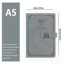 Cuaderno con cabeza de ciervo tamaño A5 con cierre magnético, libreta de negocios de cuero de vaca retro, diario de oficina - A5 Gris - Ver 6